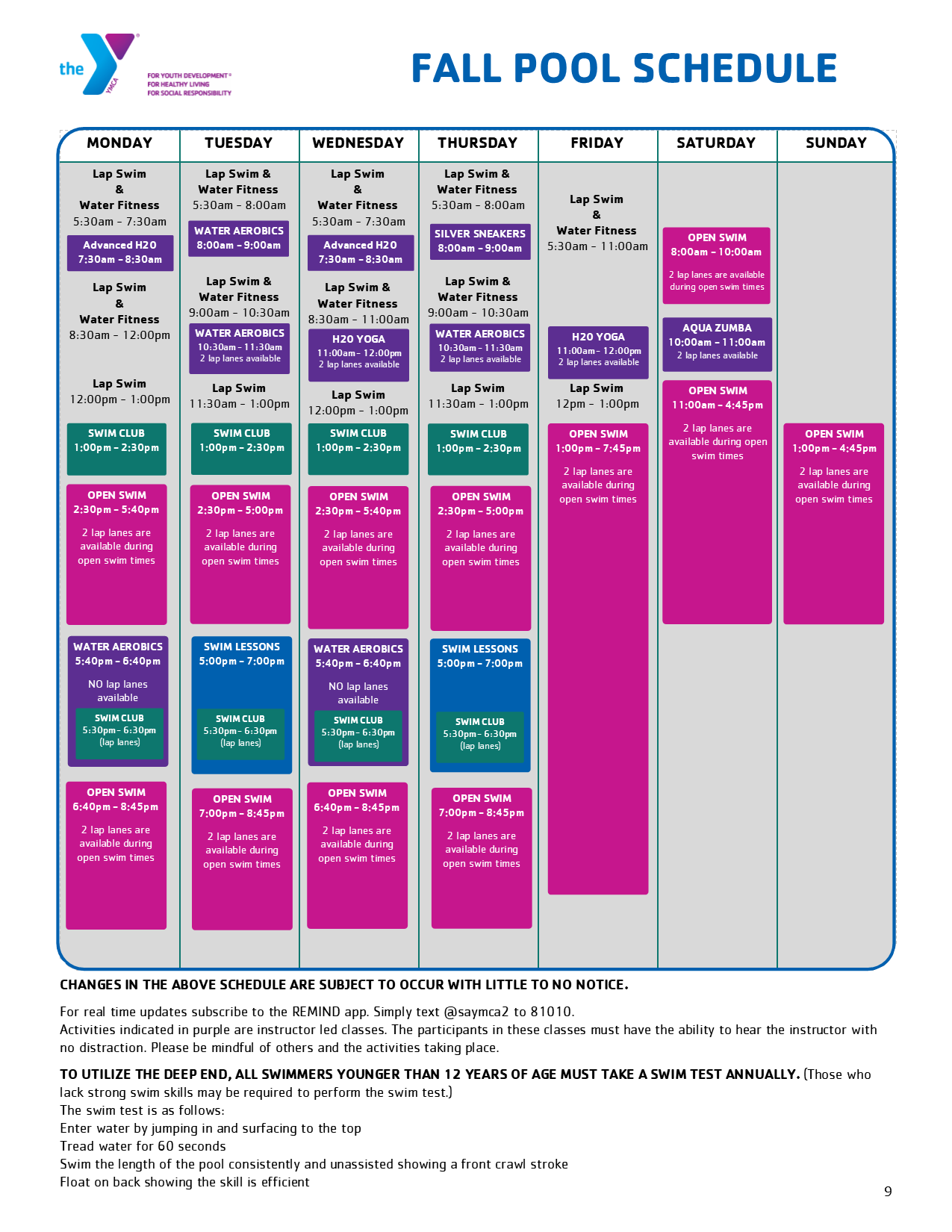 Ymca Printable Schedule