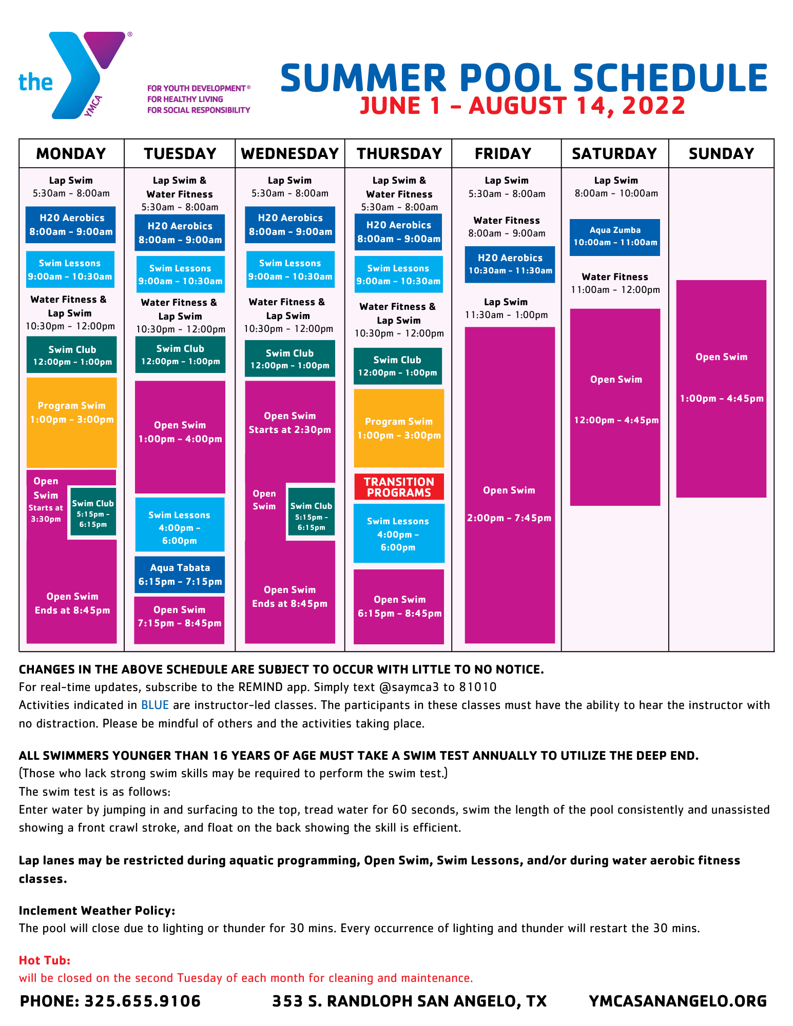 Facility Schedule YMCA San Angelo